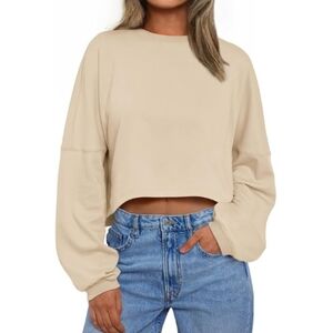 Cropped Oversized Crewneck Sweater Long Sleeve Cream New